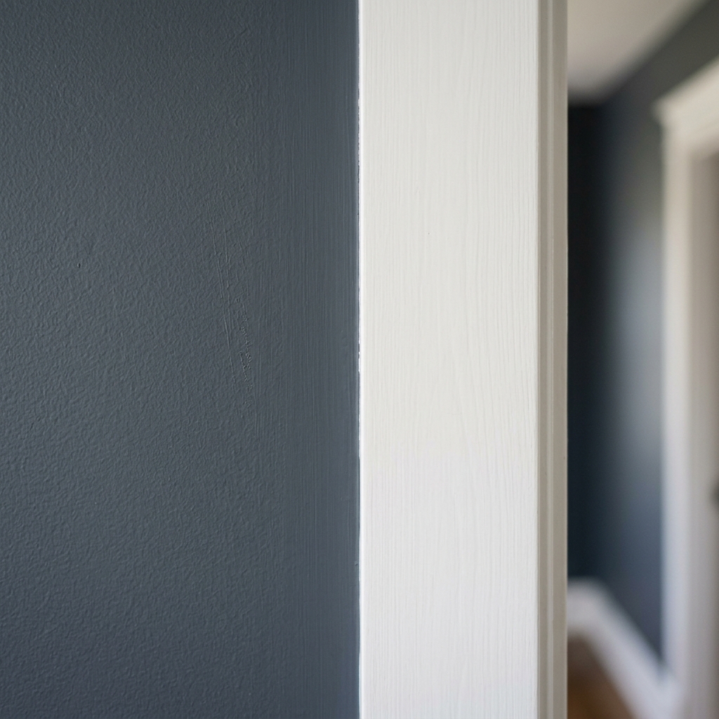 Close-up of a sharp paint edge border between deep slate wall and white wood casing