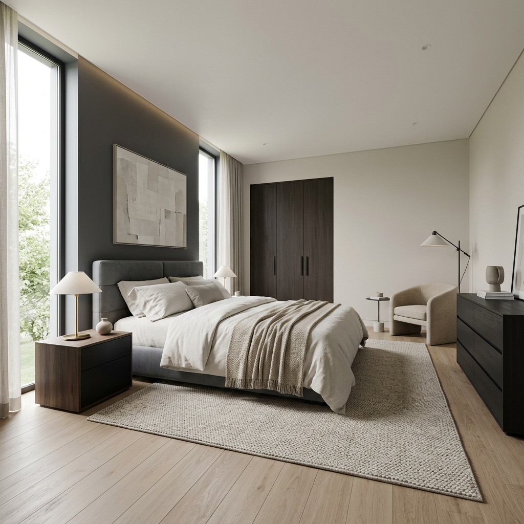 Luxury master bedroom featuring architectural slate grey features and custom moldings