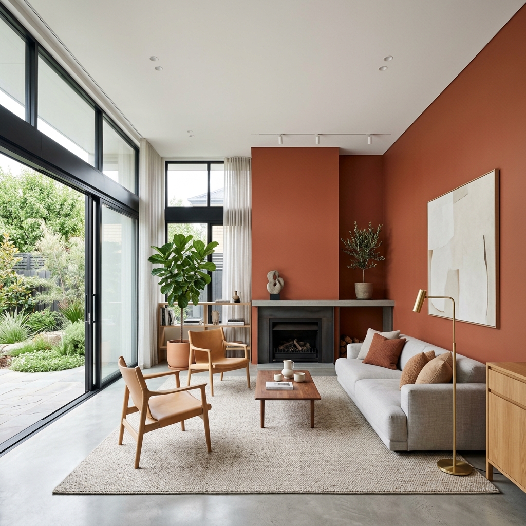 Modern open-concept living room with sand off-white walls and a terracotta accent wall
