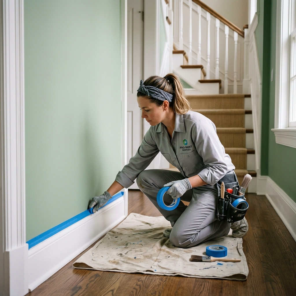 Professional painter applying masking tape to a trim line with extreme precision